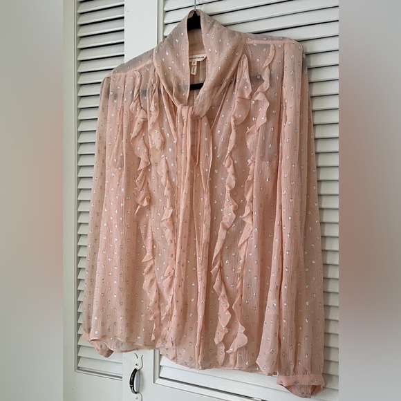 Rebecca Taylor x Revolve Metallic Dot Ruffle Blouse Long Sleeve | Pink | Size 10 - Picture 2 of 16
